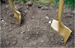 Shovels digging dirt on site
